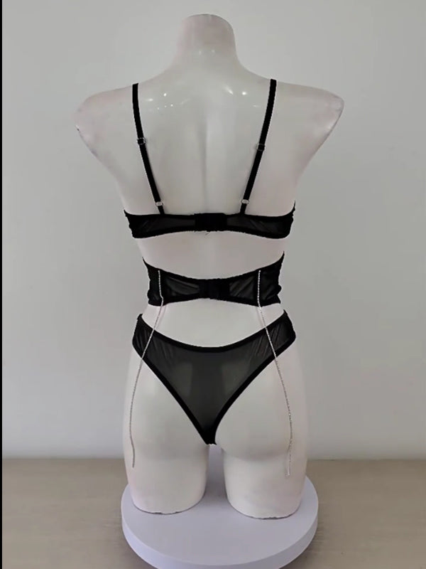 Shecharme Black Mesh Rhinestone Chain Transparent Three Piece Set Underwear Lingerie