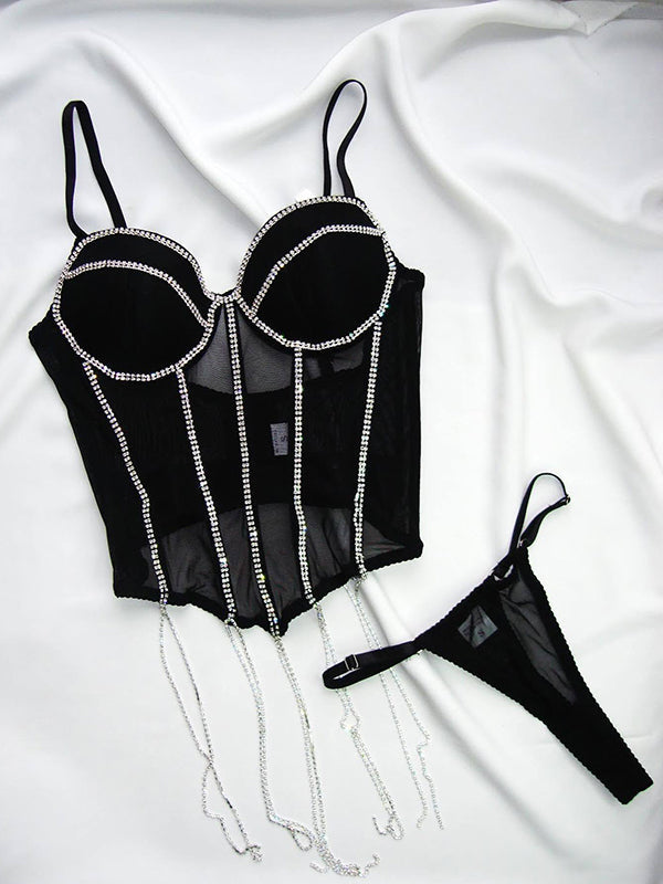 Shecharme Black Rhinestone Chain Corset-Style Top Two Piece Set Underwear Lingerie