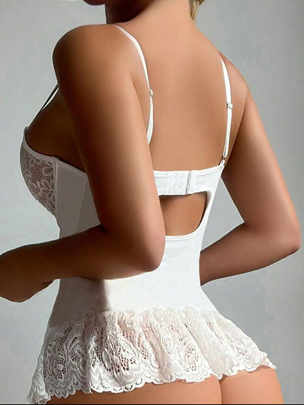 Shecharme White Spaghetti Strap Lace Bowknot Lace Up Patchwork With Garter Underwear Lingerie