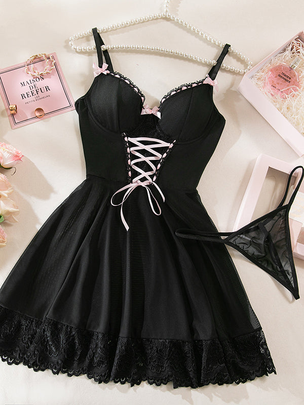 Shecharme Lace Mesh Patchwork Bow Ribbon Two-piece Set Lingerie Nightdress