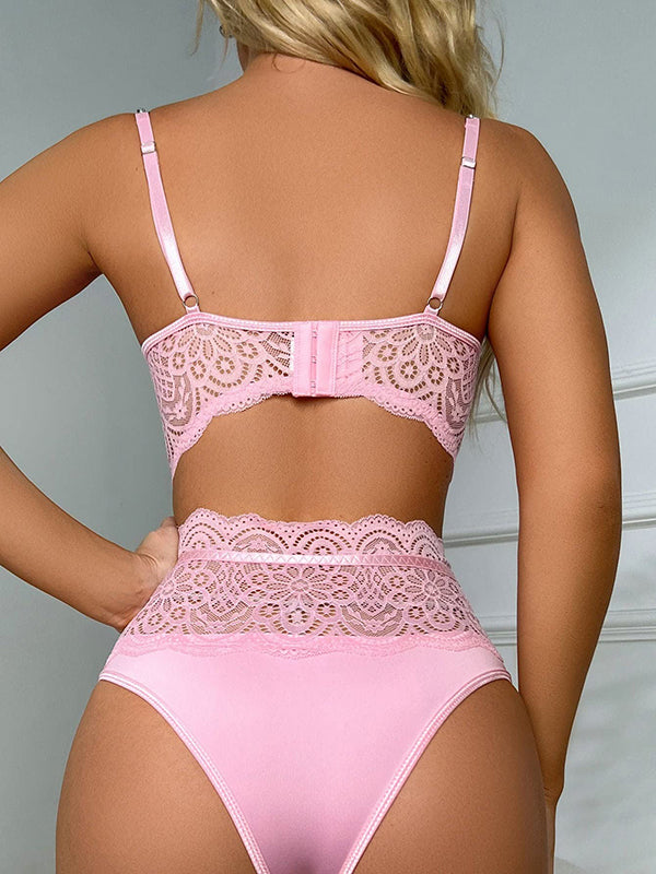 Shecharme Pink Womens Sexy Lingerie 4pcs Contrast Lace Underwire Garter Lingerie Set with Leg Ring Sexy Nightwear Lingerie