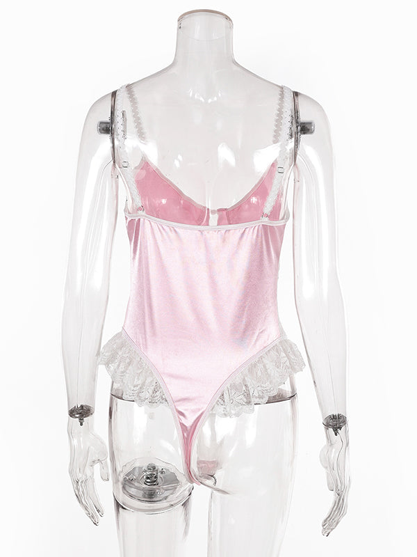 Shecharme Pink Nightgown Sexy with Bra Cups Ladies Solid Colour Lace Flower Embroidery Splicing Waistband Sexy Bodysuits