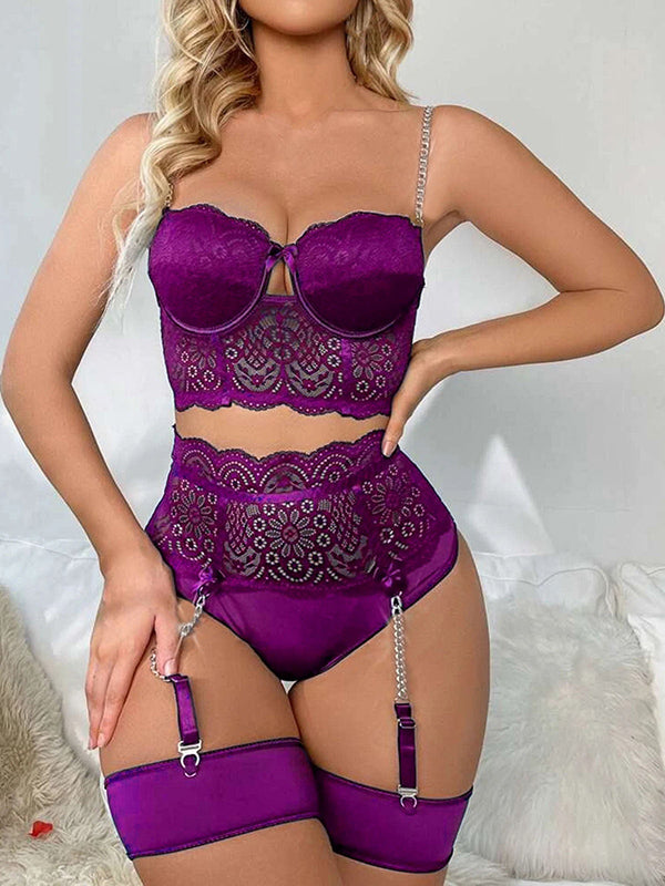 Shecharme Purple Womens Sexy Lingerie 4pcs Contrast Lace Underwire Garter Lingerie Set with Leg Ring Sexy Nightwear Lingerie for Party