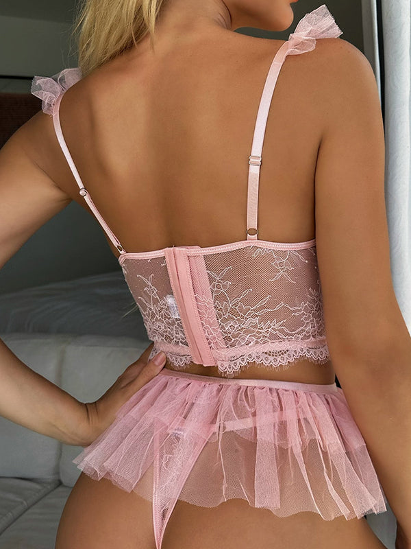 Shecharme Pink Lace Mesh Patchwork Underwear With Garter Belt Three Piece Set Cute Lingerie