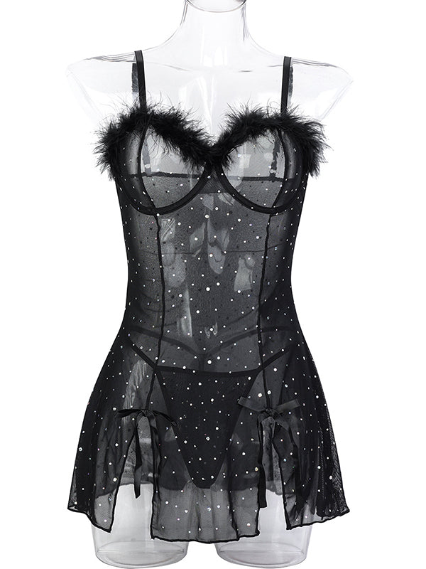 Shecharme Black Rhinestones Sparkling Feather Sheer Mesh Slit Bodycon Lingerie Dress