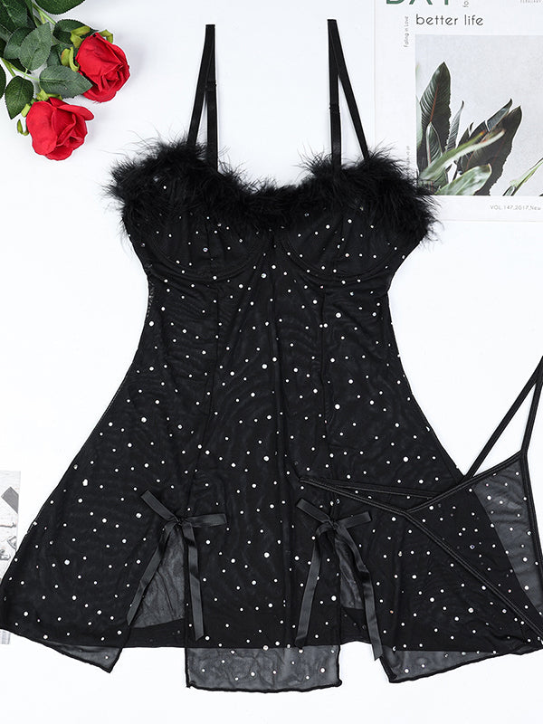 Shecharme Black Rhinestones Sparkling Feather Sheer Mesh Slit Bodycon Lingerie Dress