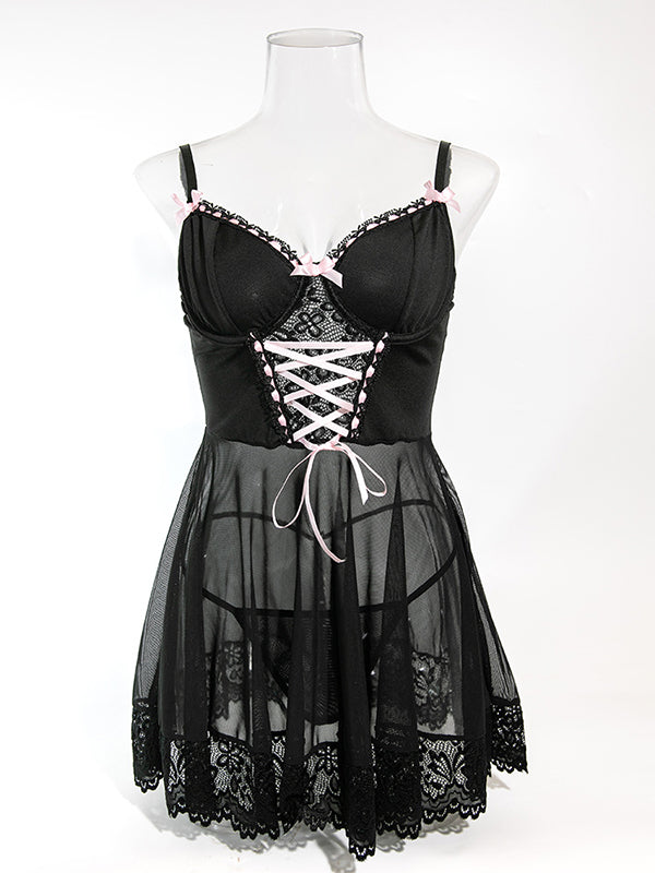 Shecharme Lace Mesh Patchwork Bow Ribbon Two-piece Set Lingerie Nightdress
