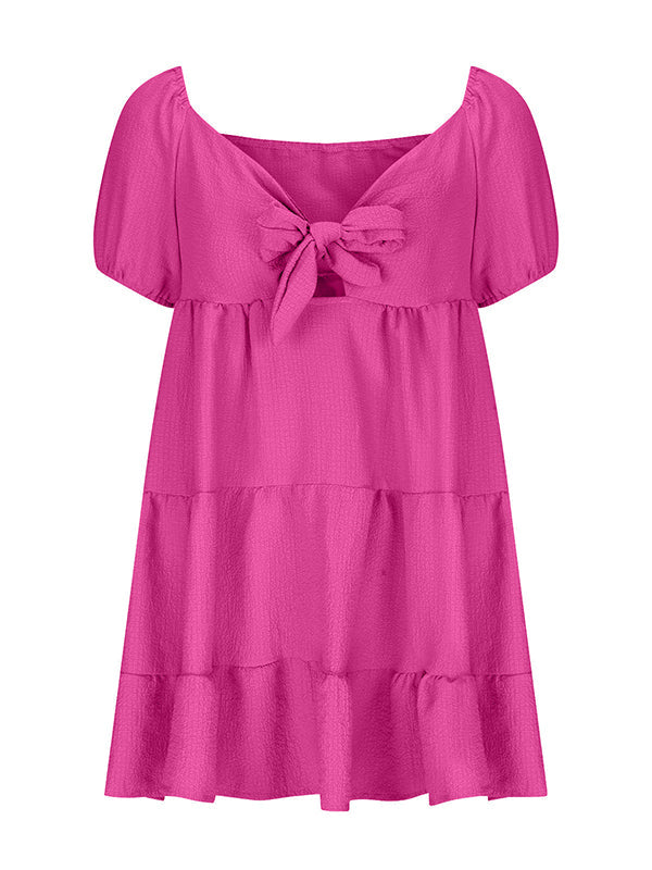 Shecharme Plain Tie Cute V-neck Short Sleeve Mini Dress