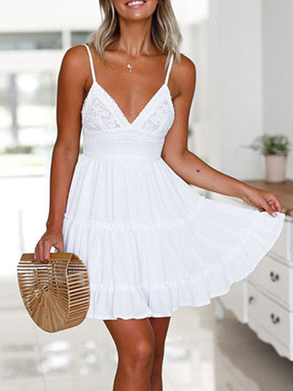 Shecharme White Women Summer Lace Spaghetti Strap V-Neck Sleeveless Backless Beach Short Mini Dress