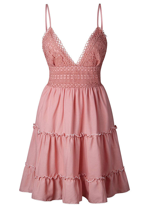 Shecharme Pink Women Summer Lace Spaghetti Strap V-Neck Sleeveless Backless Beach Short Mini Dress