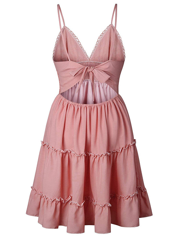 Shecharme Pink Women Summer Lace Spaghetti Strap V-Neck Sleeveless Backless Beach Short Mini Dress