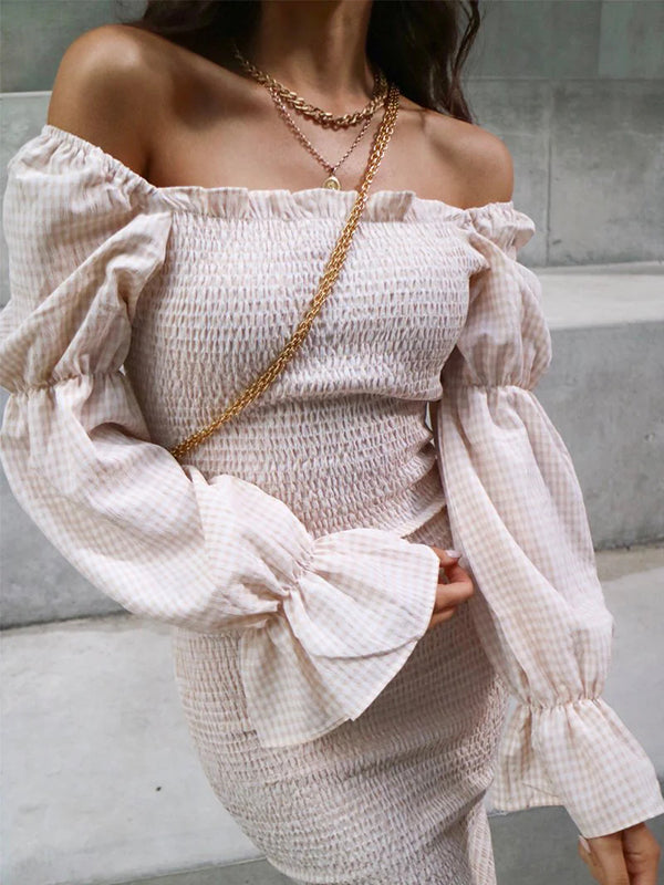 Shecharme Apricot Ruffle Off Shoulder Long Sleeve Bodycon Midi Dress