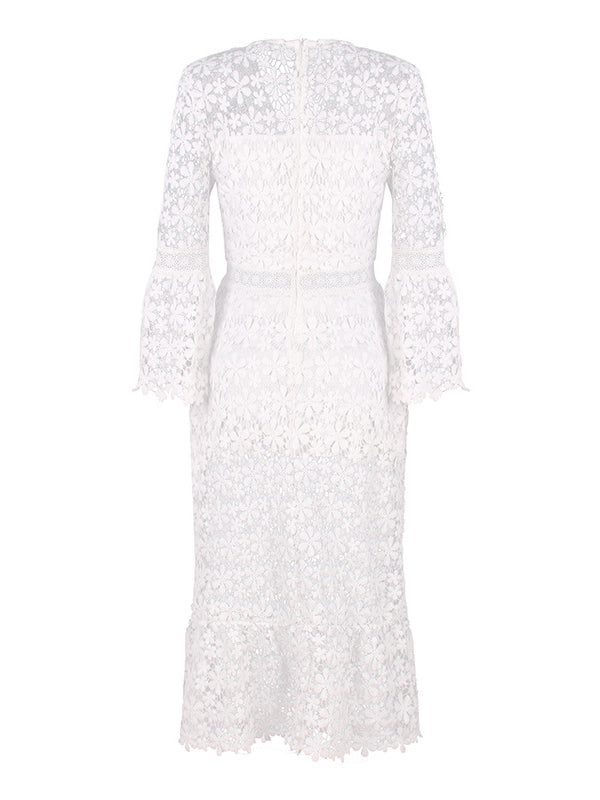 Shecharme White Plain Hollow-out Lace V-neck Sexy Midi Dress