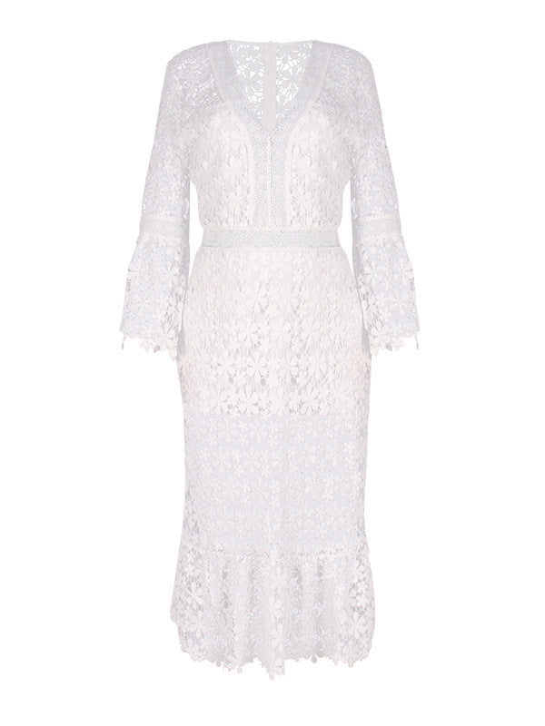 Shecharme White Plain Hollow-out Lace V-neck Sexy Midi Dress