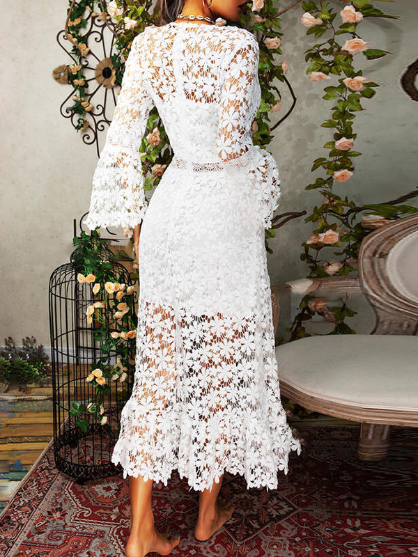 Shecharme White Plain Hollow-out Lace V-neck Sexy Midi Dress