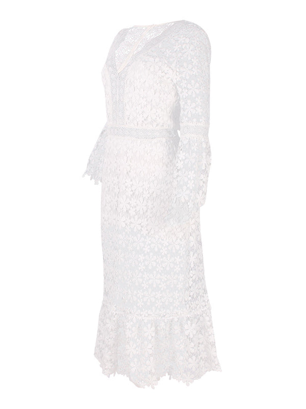 Shecharme White Plain Hollow-out Lace V-neck Sexy Midi Dress