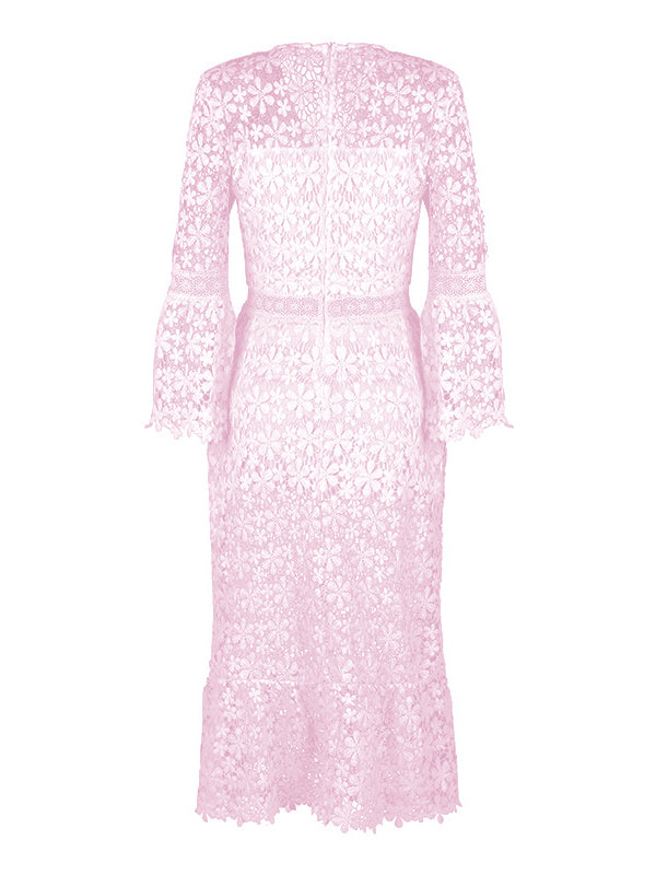 Shecharme Pink Plain Hollow-out Lace V-neck Sexy Midi Dress