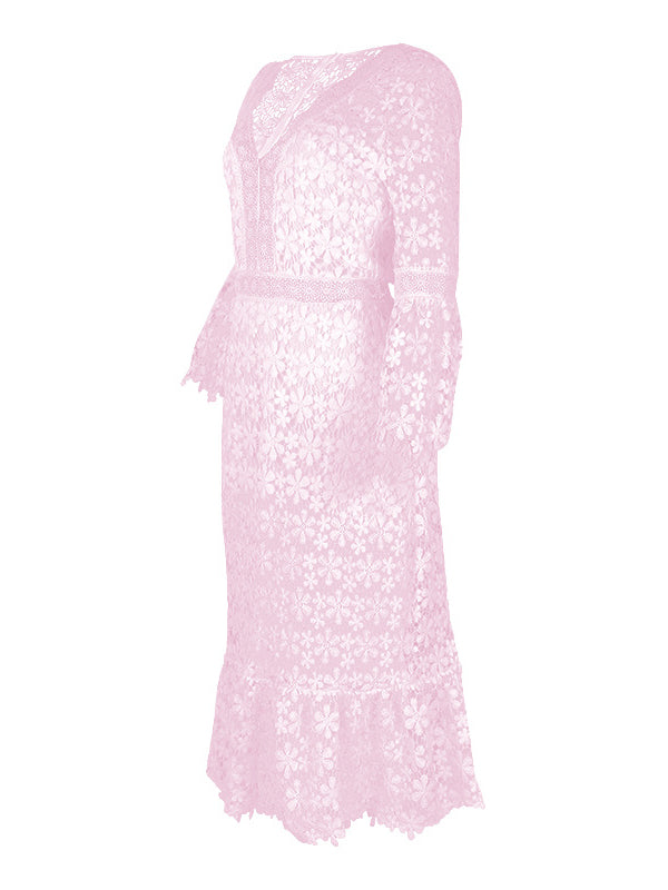 Shecharme Pink Plain Hollow-out Lace V-neck Sexy Midi Dress