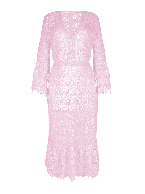 Shecharme Pink Plain Hollow-out Lace V-neck Sexy Midi Dress