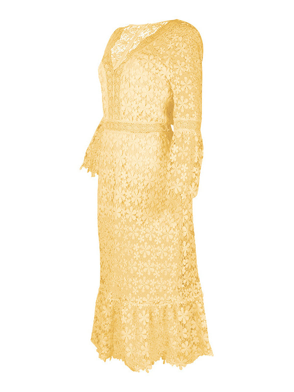 Shecharme Yellow Plain Hollow-out Lace V-neck Sexy Midi Dress