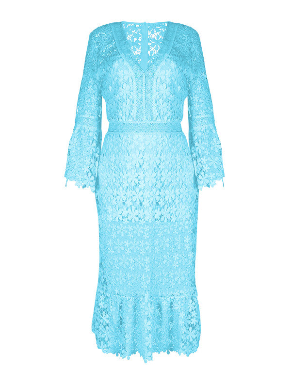 Shecharme Blue Plain Hollow-out Lace V-neck Sexy Midi Dress