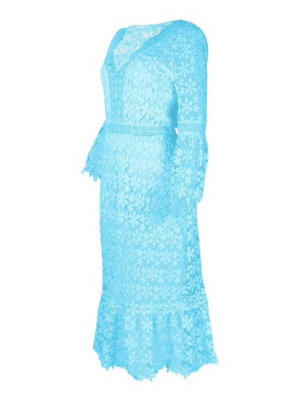 Shecharme Blue Plain Hollow-out Lace V-neck Sexy Midi Dress