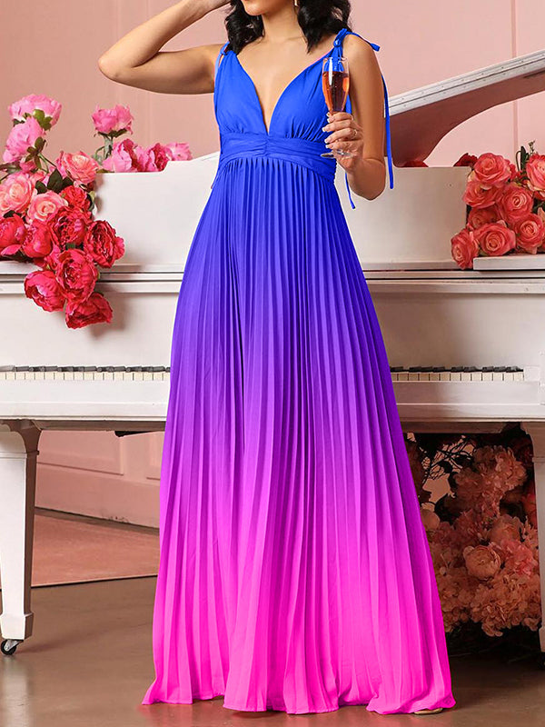 Shecharme Blue Sexy Spaghetti Strap Pleated Gradient Color Party Maxi Dress