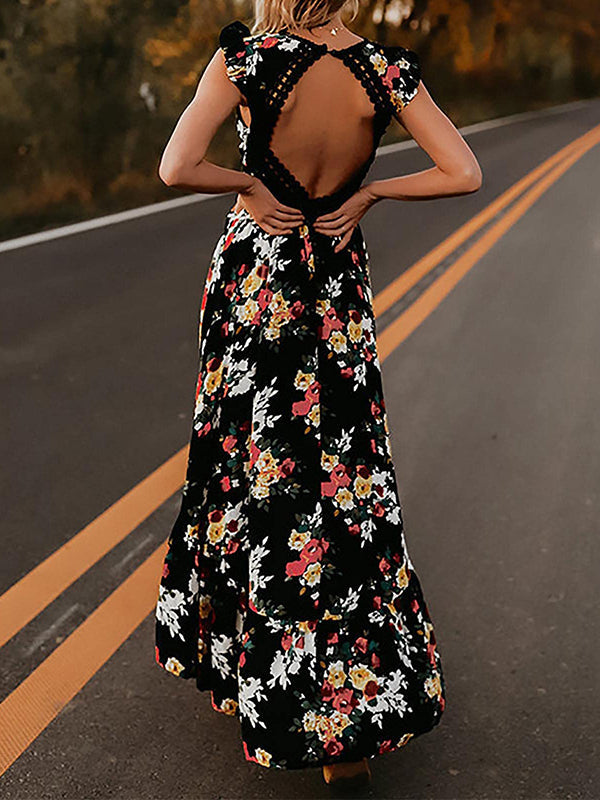 Shecharme Black White V Neck Floral High Low Beach Sundress Womens Sexy Lace Hollow Backless Maxi Dress