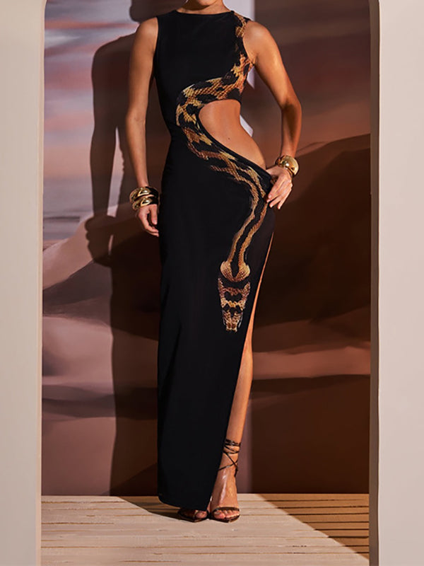 Shecharme Animal Print Cut Out Slit Sexy Maxi Dress