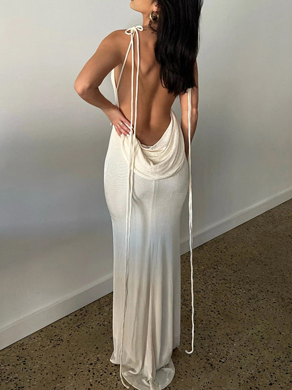 Shecharme Women Sexy Backless Draped Maxi Dress Elegant Sleeveless Spaghetti Strap Evening Dress Long Club Party Beach Dress