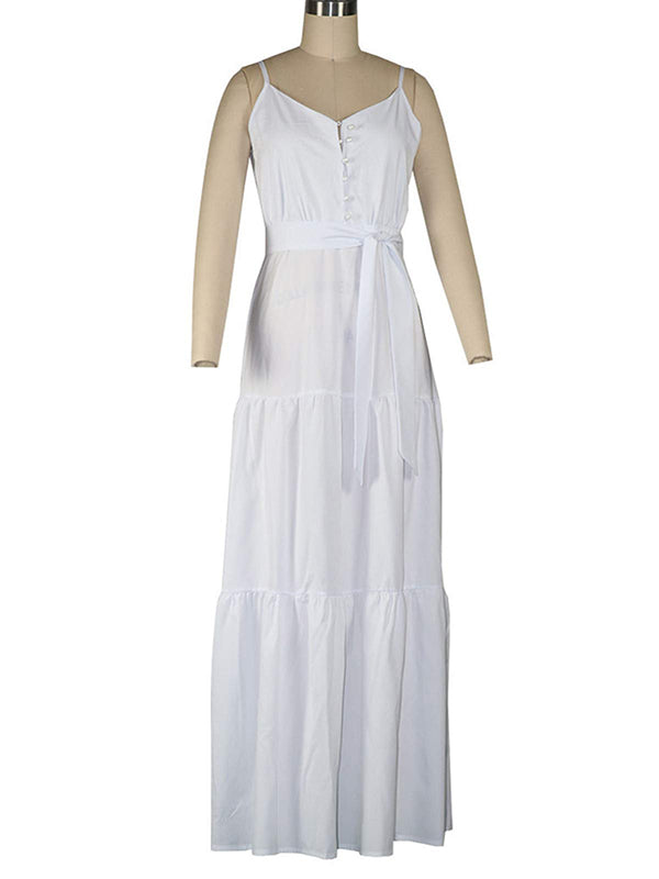 Shecharme White Summer Spaghetti Strap Sun Dress Solid Color V-Neck Party Beach Dress Tie Waist Maxi Dress