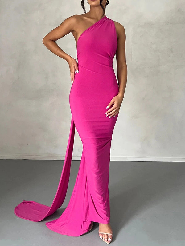 Shecharme Elegant Backless Ruched Metal O-ring Decor One Shoulder Evening Gown Party Club Cocktail Maxi Dress