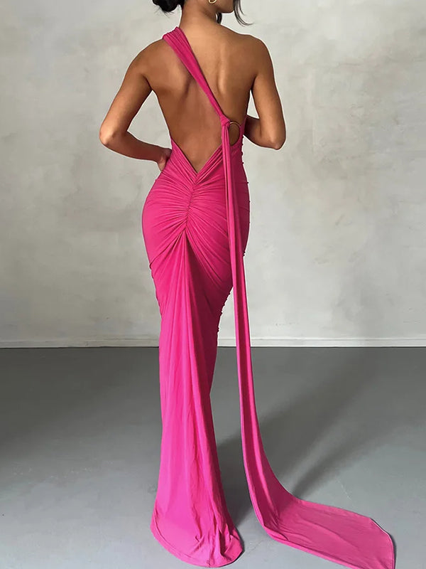 Shecharme Elegant Backless Ruched Metal O-ring Decor One Shoulder Evening Gown Party Club Cocktail Maxi Dress