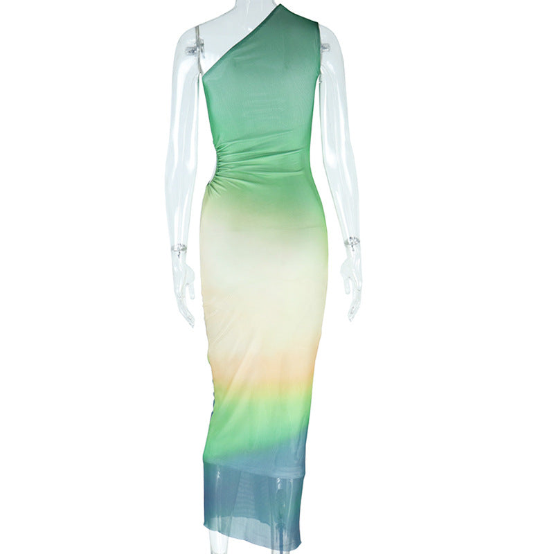 Shecharme Green Gradient Mesh Sleeveless Sexy Bodycon Party Holiday Y2K Maxi Dress