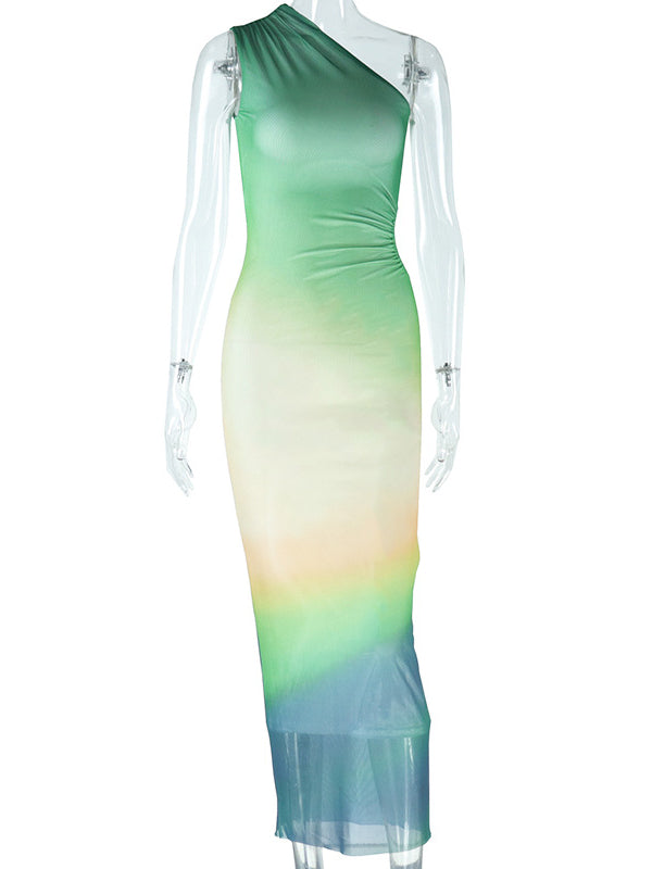 Shecharme Green Gradient Mesh Sleeveless Sexy Bodycon Party Holiday Y2K Maxi Dress