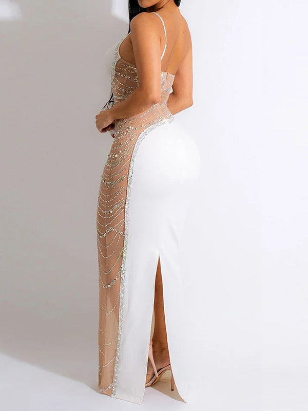 Shecharme Pearls Rhinestone Mesh Slit Perspective Party Evening Prom Maxi Dress