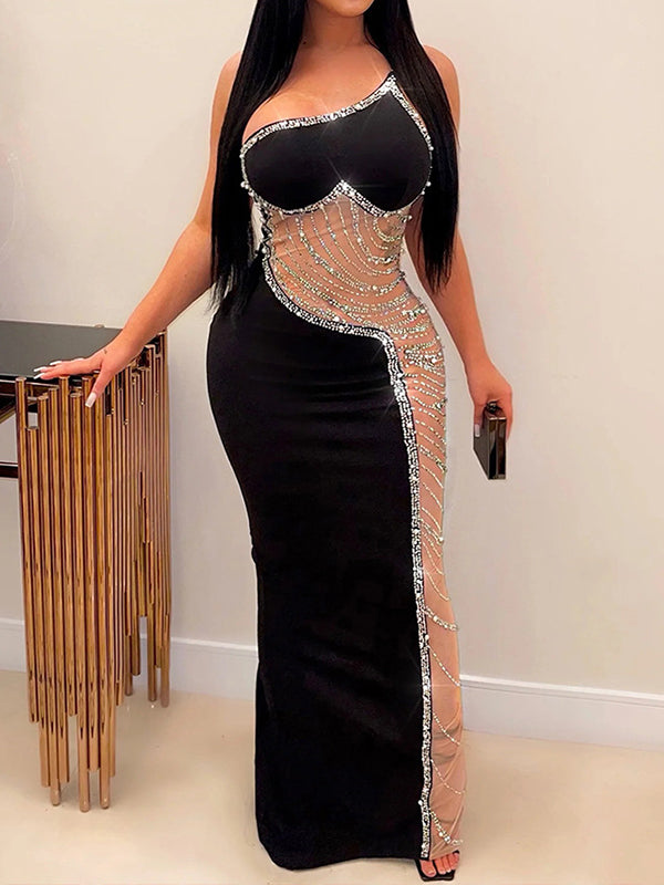 Shecharme Pearls Rhinestone Mesh Slit Perspective Party Evening Prom Maxi Dress