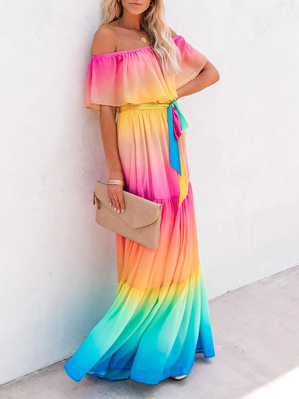 Shecharme Gradient Rainbow Off Shoulder Tiered Holiday Boho Beach Party Maxi Swing Dress