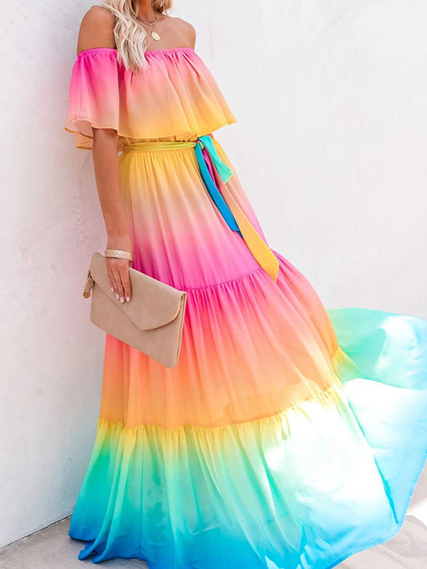 Shecharme Gradient Rainbow Off Shoulder Tiered Holiday Boho Beach Party Maxi Swing Dress