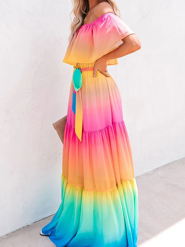 Shecharme Gradient Rainbow Off Shoulder Tiered Holiday Boho Beach Party Maxi Swing Dress