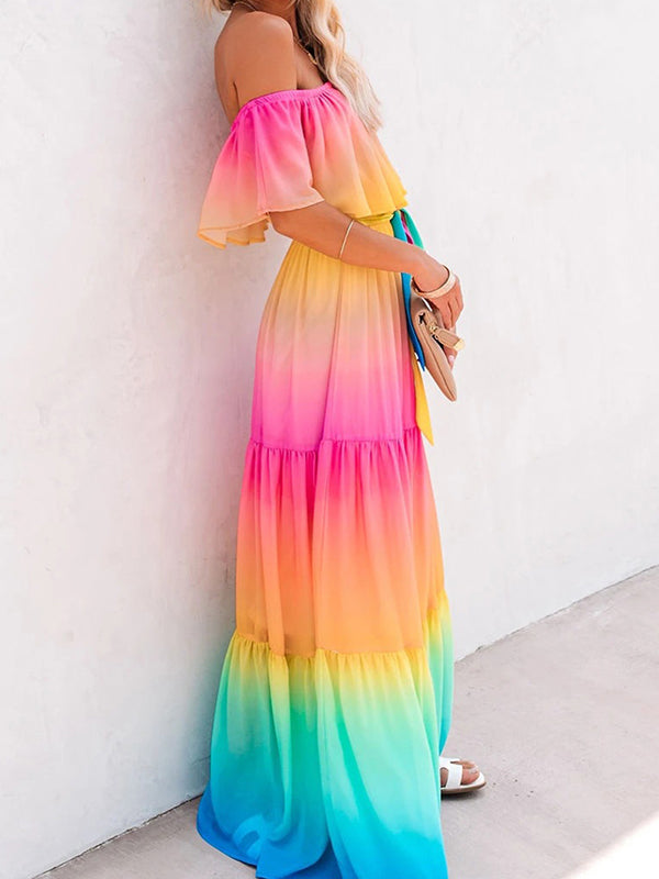 Shecharme Gradient Rainbow Off Shoulder Tiered Holiday Boho Beach Party Maxi Swing Dress