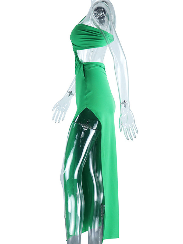 Shecharme Green Backless Cut Out Split Thigh Maxi Dress