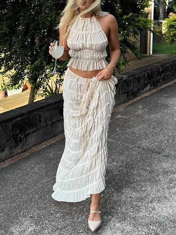 Shecharme White 2 Piece Pleated Backless lace-up Halter Top Vest Top With Long Skirt Set