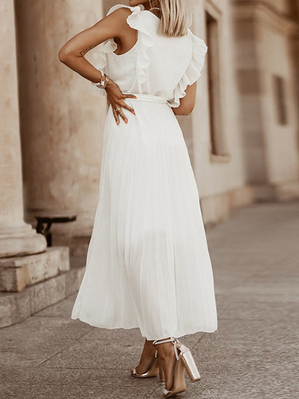 Shecharme White V-Neck Siless Pleated High Waist Flowy Ruffle Belt Beach Maxi Dress