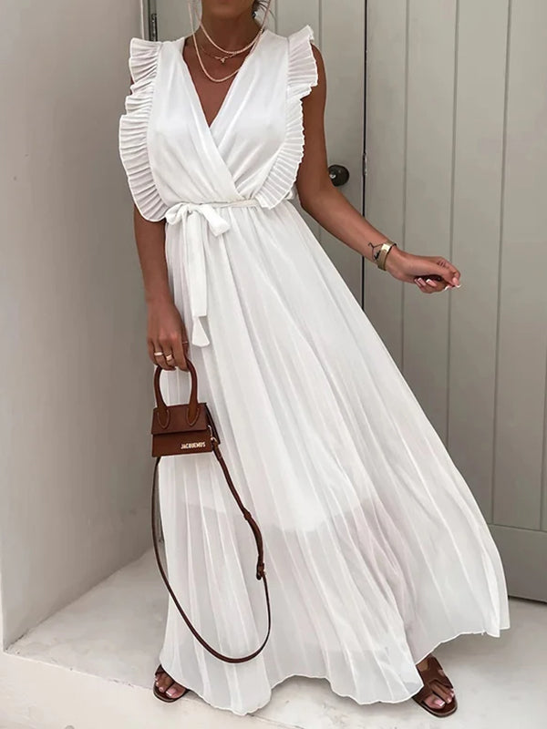 Shecharme White V-Neck Siless Pleated High Waist Flowy Ruffle Belt Beach Maxi Dress