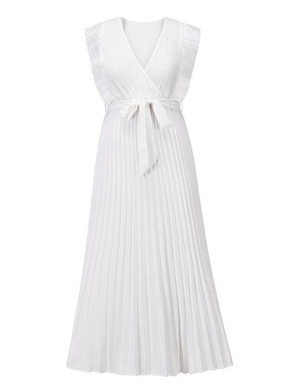 Shecharme White V-Neck Siless Pleated High Waist Flowy Ruffle Belt Beach Maxi Dress