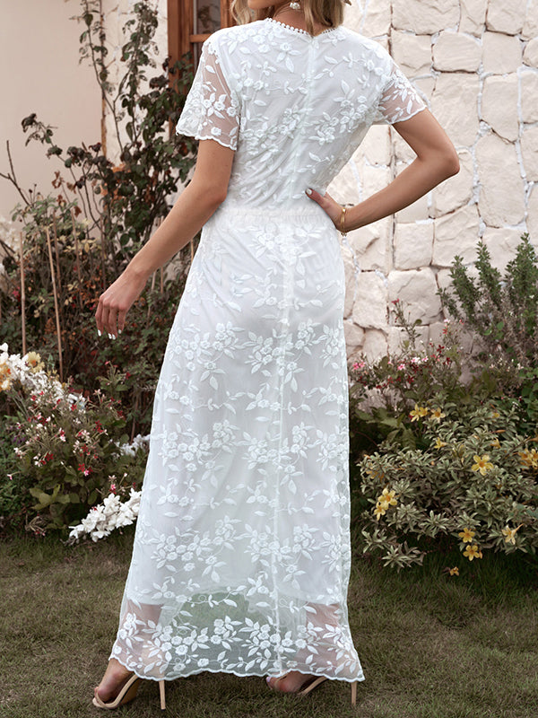 Shecharme White Plain Hollow-out Lace Short Sleeve Fashion Casual Maxi Dress