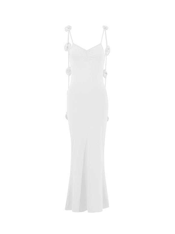 Shecharme White Slinky Jersey Rose Detail Evening Gown