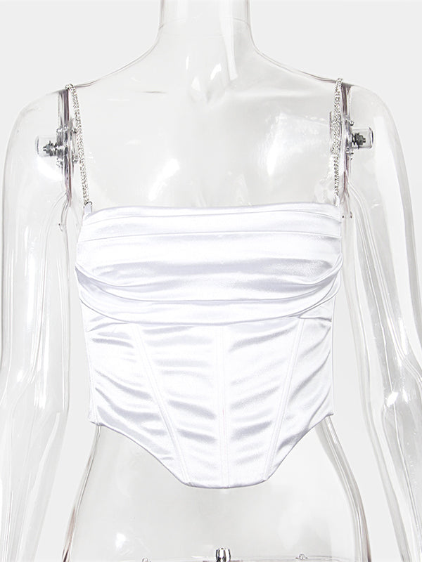 Shecharme White Y2K Ruched Push Up Backless Sleeveless Shiny Rhinestones Cami Streetwear Top