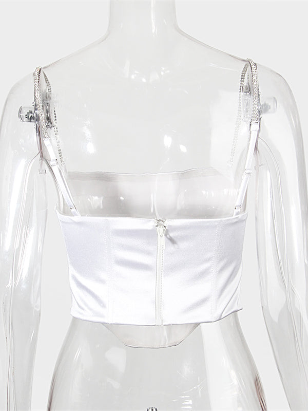 Shecharme White Y2K Ruched Push Up Backless Sleeveless Shiny Rhinestones Cami Streetwear Top